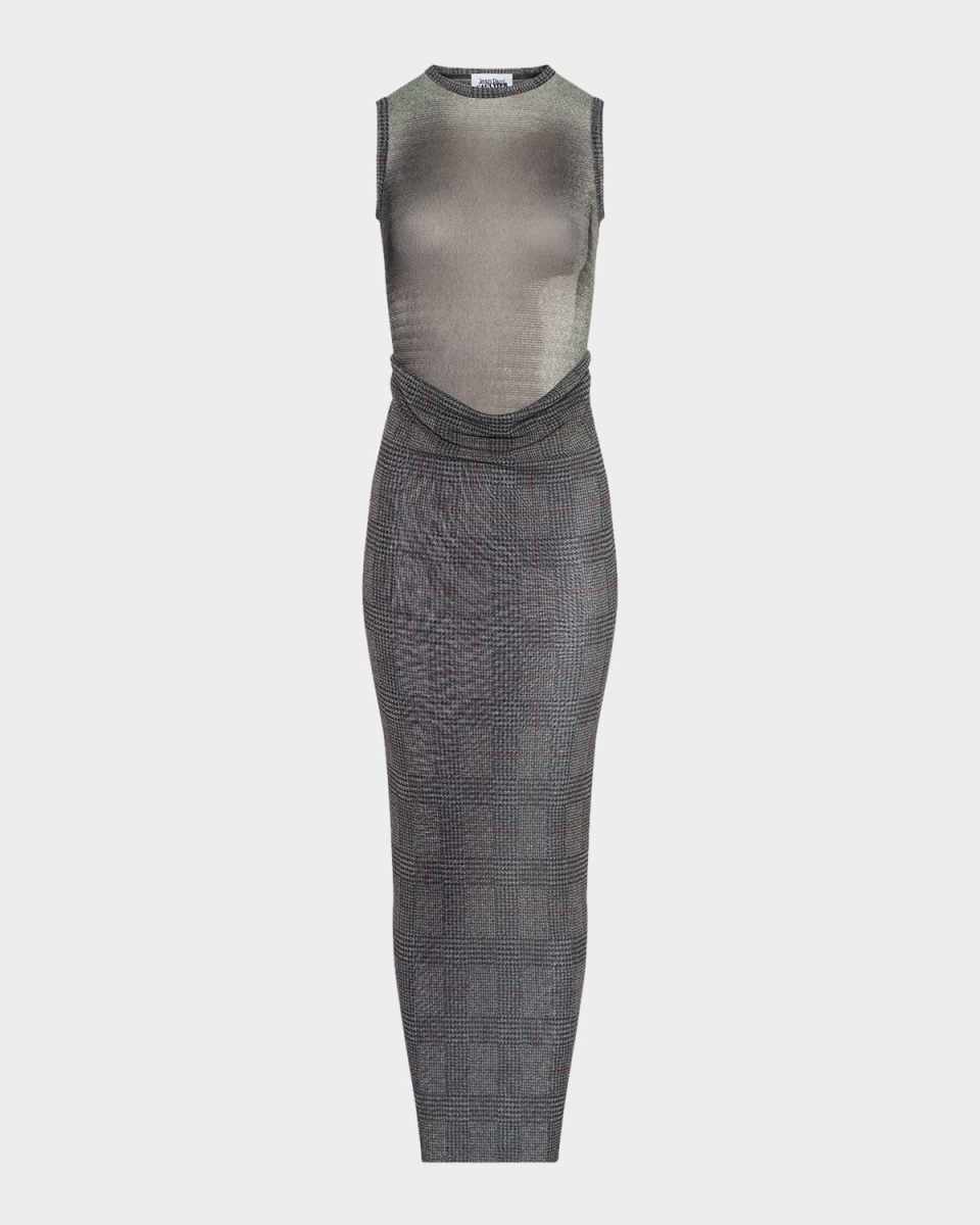 Check Layered Mesh Sleeveless Maxi Dress